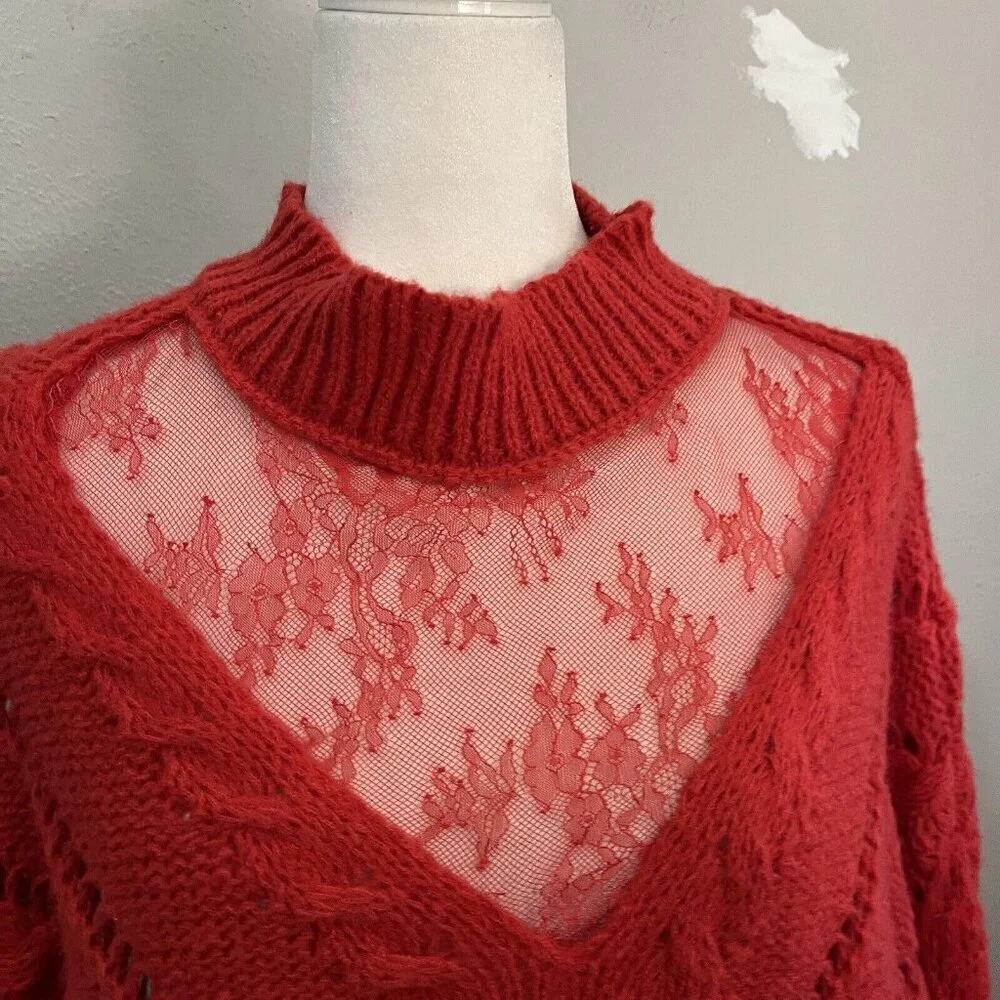 BiBi Knit Sweater Lace Collar Red Open Knit Chunky Size XL